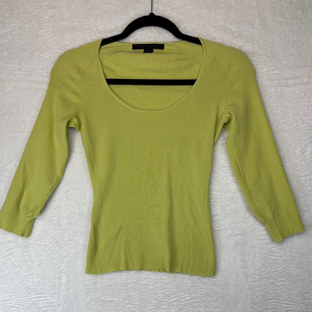 Express Design Studio Ribbed Scoop Neck Top Womens XS Lime Green 3/4 Sleeve